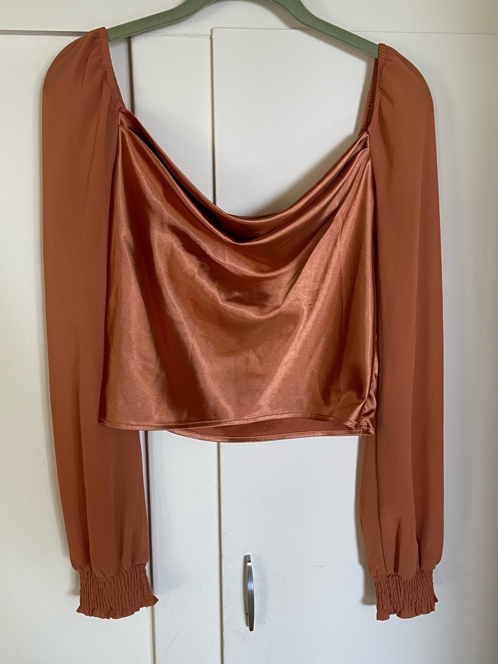 Satin Drape-Neck cropped Blouse in Rust